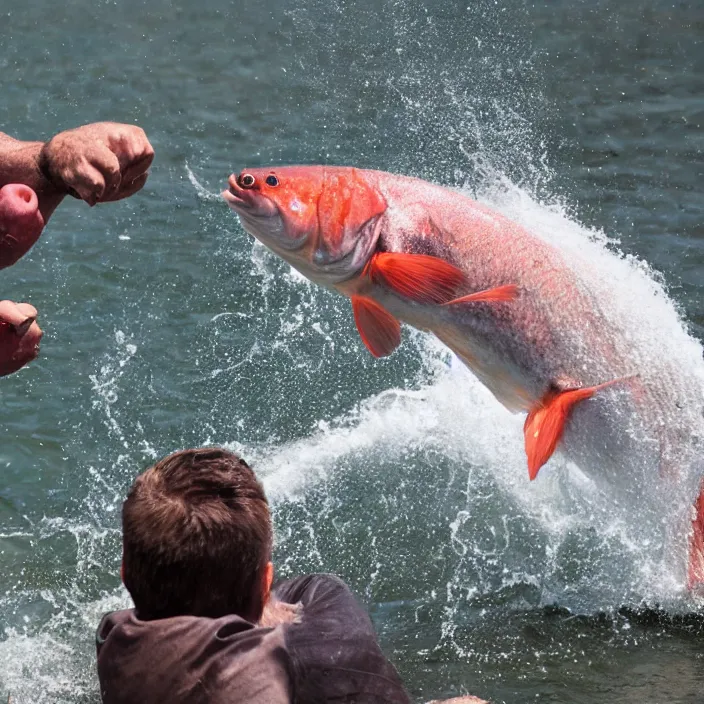 Image similar to a fish punching a man in the face, realistic, movie still, 8 k,