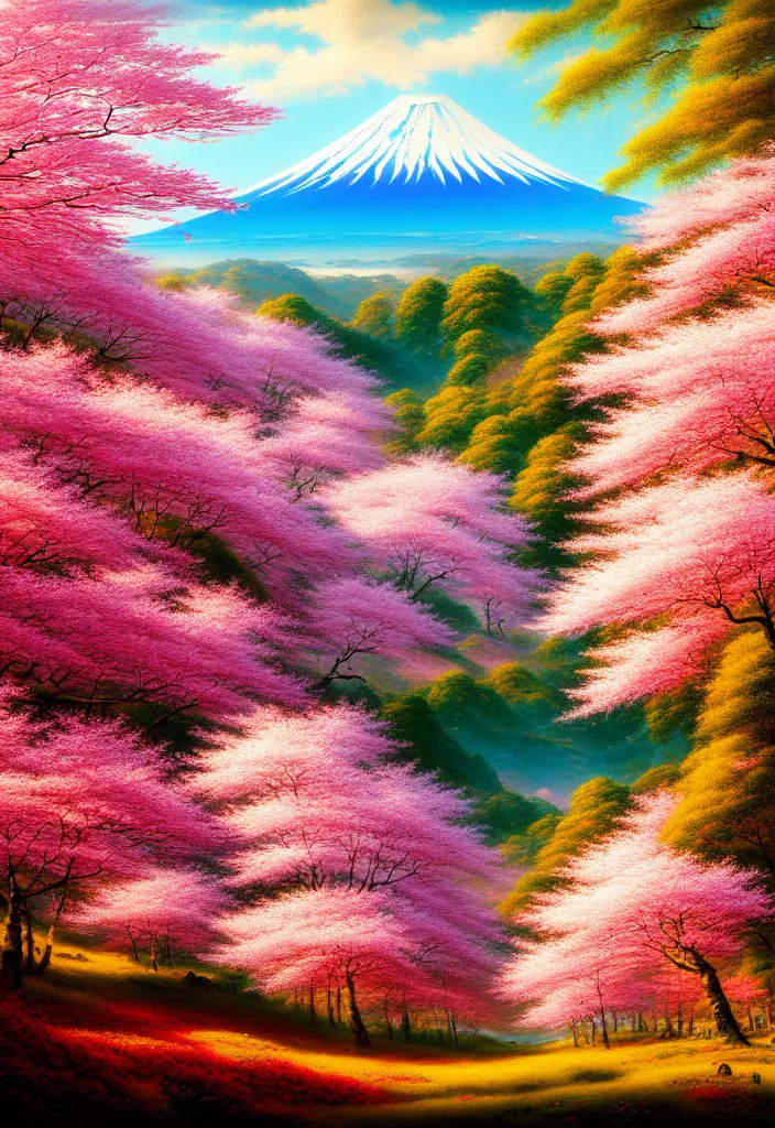 Image similar to a real photographic landscape painting with incomparable reality, wide angle, in forest, flowers, cherry blossom tree in full bloom, bright style, mount fuji, clearing, john howe, magnificent, artstation