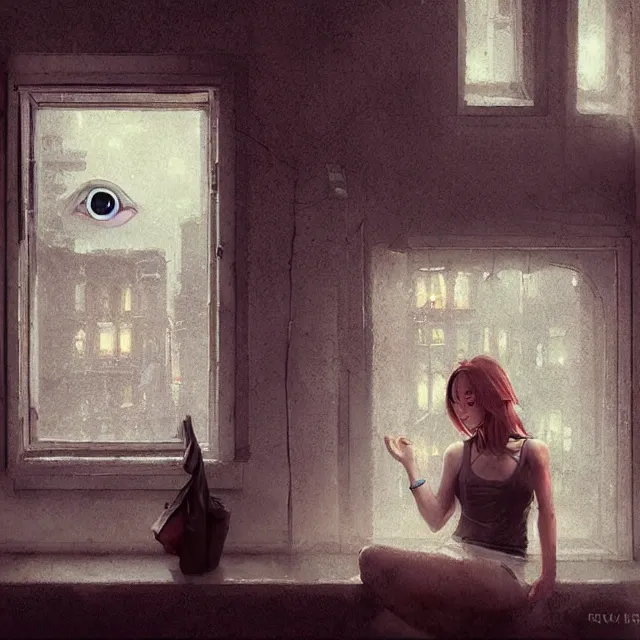 Image similar to window, eye, women, buildings, surprise, scared, couch by wlop, artgerm, greg rutkowski