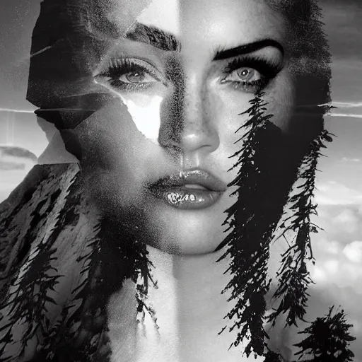 Image similar to double - exposure effect of megan fox face in beautiful mountains, in the style of dan mountford, amazing detail, black and white