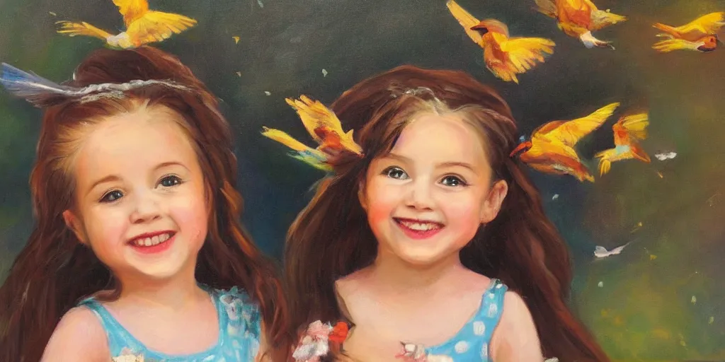 Prompt: beautiful oil painting of a cute little girl smiling, birds are flying around her head, storybook style