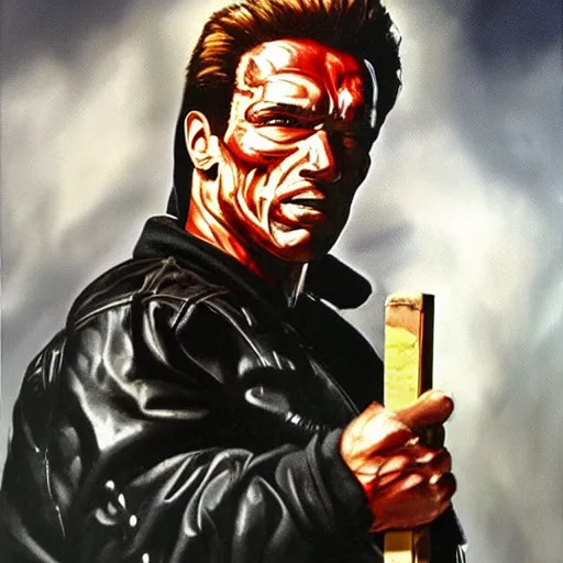 Prompt: A painting Arnold Schwarzenegger from terminator 1984 riding a skateboard smoking cigar, gloomy, action, ambient lighting,