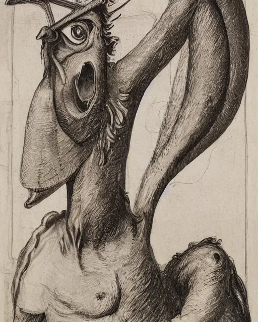 Prompt: a creature with the body and eyes of a man, with the beak of an eagle and the horns of an ox. drawn by francis bacon