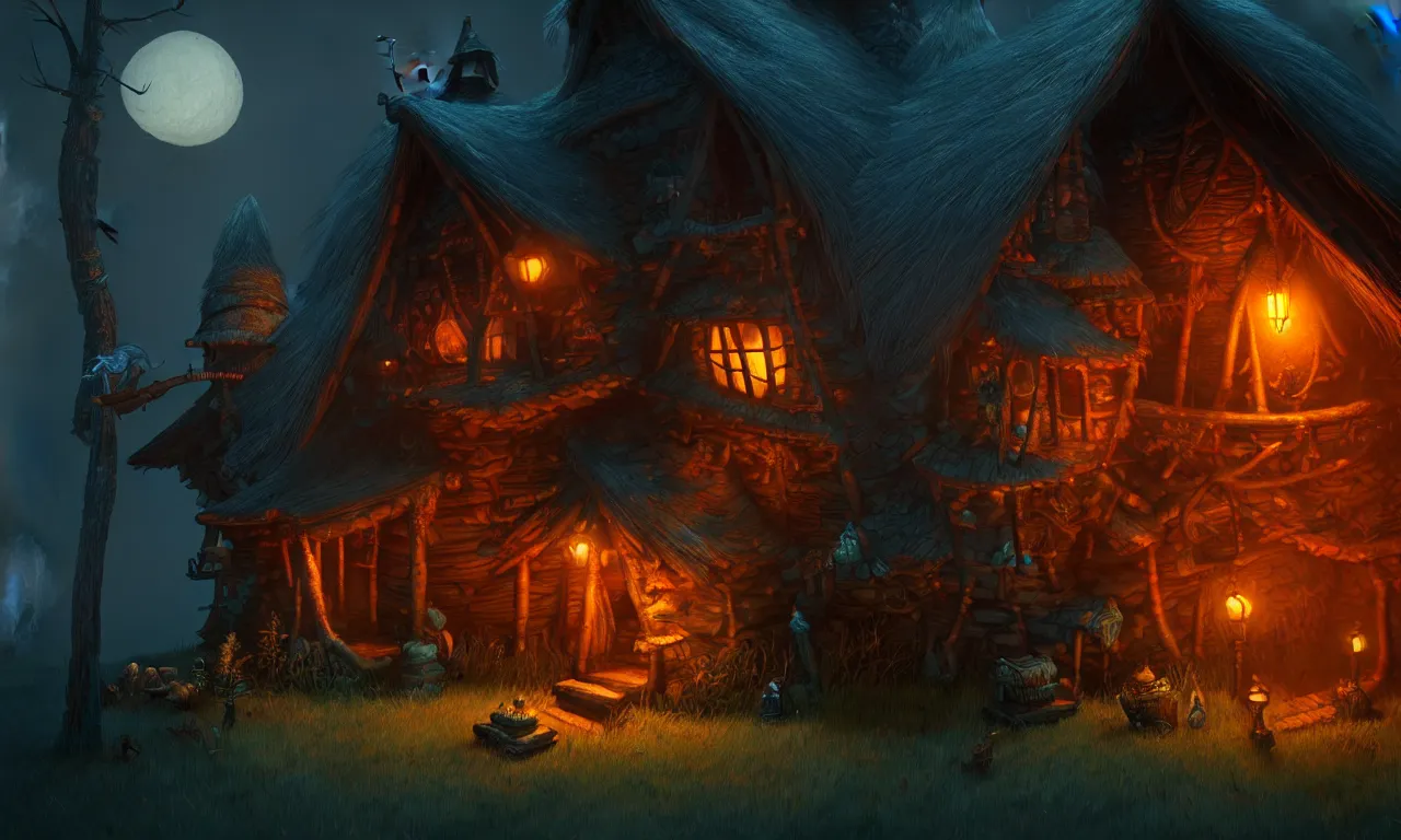 Image similar to Baba Yaga's hut, night, very detailed. by Moebius, James Paick, artstation, 4k, unreal engine 5