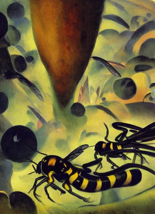 Prompt: photo of a crazy wasp, warped reality, bizarre, fantasy landscape, art by andreas achenbach, august macke, alice bailly, alison geissler