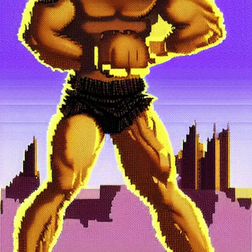 Prompt: full body portrait. 8 bit nes graphics. antropomorphic muscular masculine wolf. kickboxer fighter, in shorts. wolf head. furr on body. at night. postapocalyptic city on background, violet sky