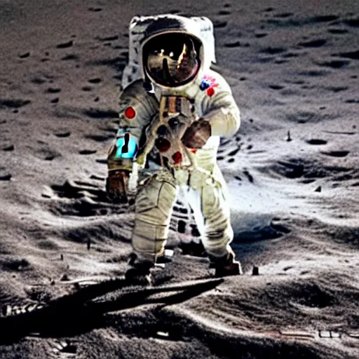 Prompt: Apollo 11 footage of astronaut playing guitar