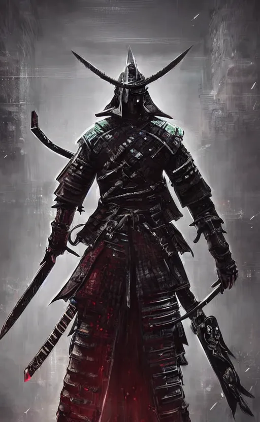 Prompt: a portrait of cyberpunk samurai with double sword, bloodborne concept art, detailed, gorgeous lighting