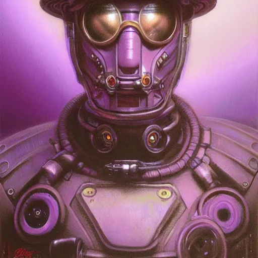 Image similar to portrait of an steampunk android that emits purple fog, by donato giancola