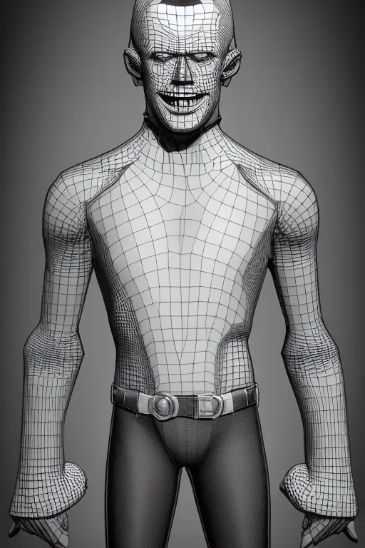 Prompt: full body 3 d model of a handsome young man with a sinister grin by brian bolland, rachel birkett, alex ross, and neal adams | dark, intimidating, imposing, portrait, character concept, concept art, unreal engine, finalrender, centered, deviantart, artgerm