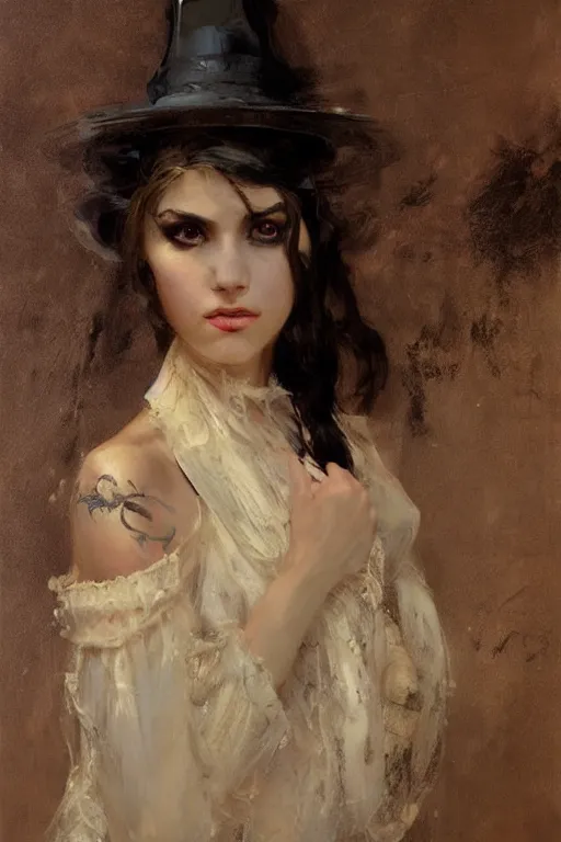 Image similar to Richard Schmid and Jeremy Lipking full length portrait painting of a young beautiful victorian steampunk vampire Priestess woman