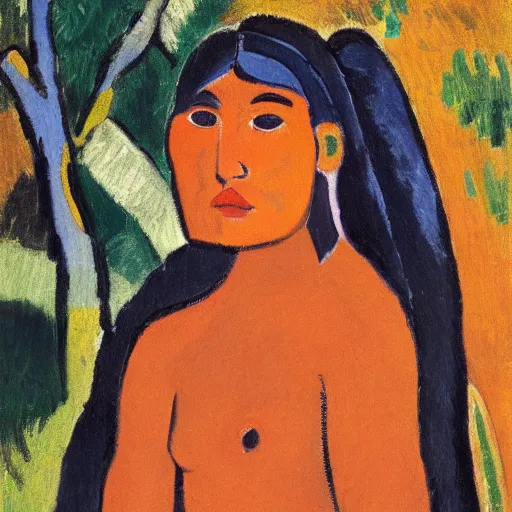 Prompt: painting of a tiger, and young native american woman, in a jungle, by alexej von jawlensky