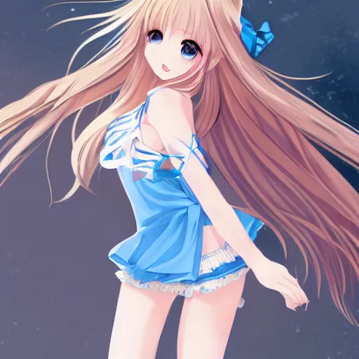 Prompt: a very beautiful young anime girl, full body, long wavy blond hair, sky blue eyes, full round face, bikini, miniskirt, front view, mid - shot, highly detailed, cinematic wallpaper