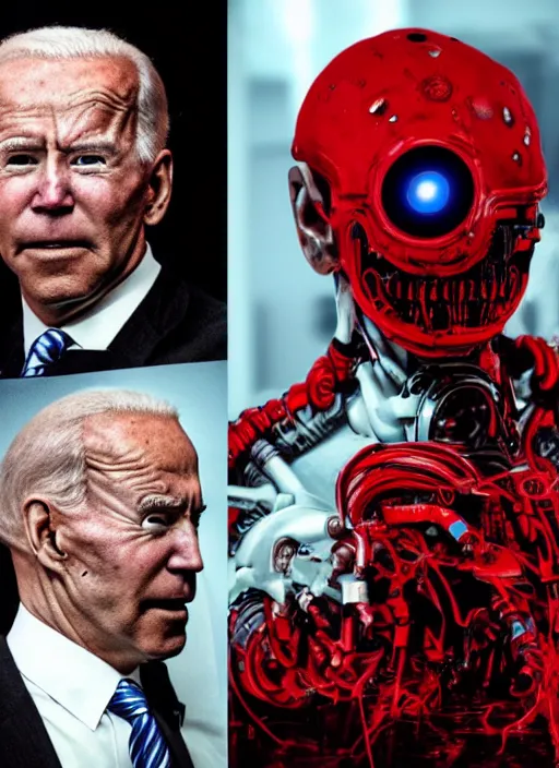 Image similar to hyper realistic ultra realistic cyborg photo Doom horror furious glowing red eyes biden