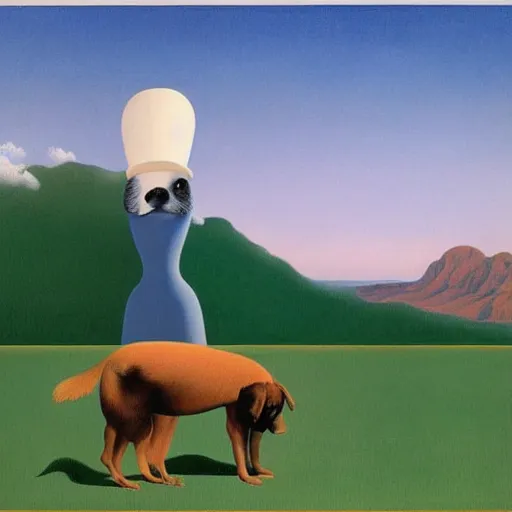 Prompt: a rene magritte painting of a dog wearing a hat, mountains in the background, award winning painting, detailed, surreal, symmetrical, clean, smooth, aesthetic