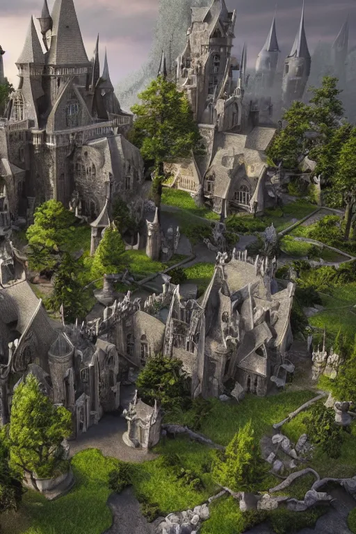 Prompt: matte painting art of witch academy castle with many bonsai trees on the right with small waterfall, highly detailed garden in the middle, many stone statues, gothic building style, highly detailed, 4k, 8k resolution, trending on artstation, octane render, unreal engine, cinematic