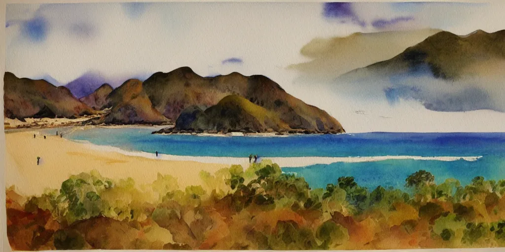 Image similar to golden bay new zealand, abel tasman, colorful watercolor painting, trending on artstation