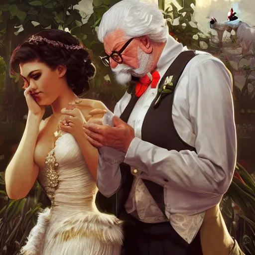 Image similar to closeup of Colonel Sanders getting married to a chicken, modern setting, intricate, elegant, highly detailed, digital painting, artstation, concept art, matte, sharp focus, illustration, hearthstone, art by Artgerm and Greg Rutkowski and Alphonse Mucha