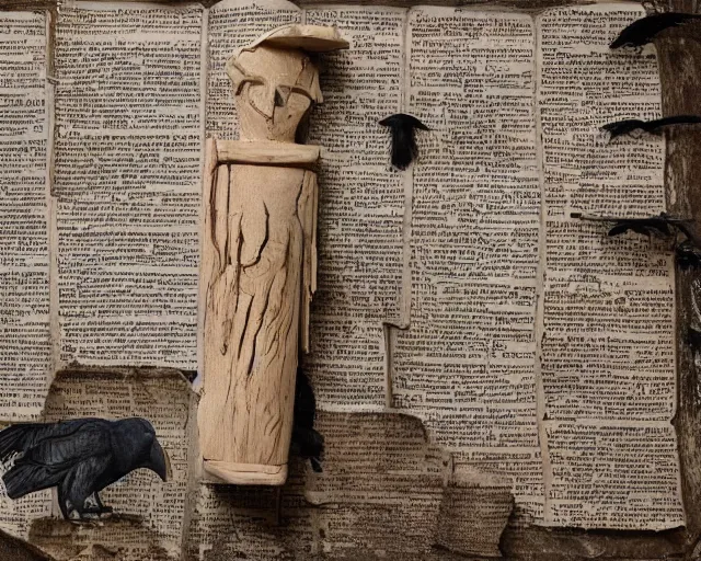 Image similar to a history textbook page that's showing 'wooden table holding ancient effigy of a raven', clay sculpture, photograph, zoomed out, trending on tumblr