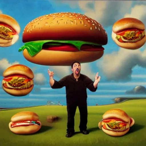 Prompt: adam sandler screaming at a giant hamburger, lowbrow painting by mark ryden