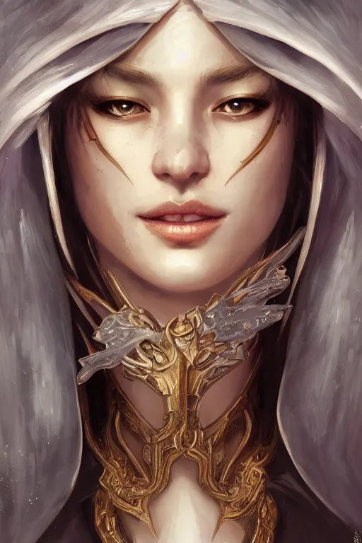 Image similar to !dream Portrait of beautiful smiling Ultra realistic illustration, beautiful alluring female dark elf woman, prioress, fantasy, intricate, elegant, highly detailed, digital painting, artstation, concept art, smooth, sharp focus, illustration, art by Yintion J , Jiang Geping and artgerm and greg rutkowski and alphonse mucha.