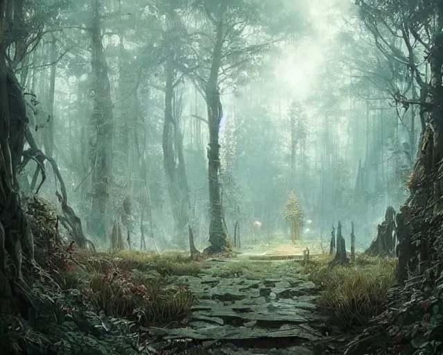 Prompt: a magical forest in the border between the good and the bad, fantasy art, intricate, highly detailed, in the style of greg rutkowski