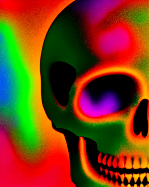 Image similar to glow, chromatic aberration, prismatic, skull, cinematic, retro, vintage, cool, unique, interesting, original, vhs quality