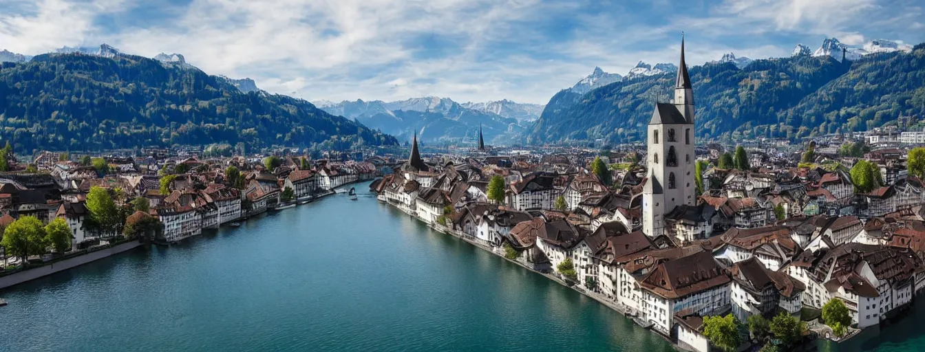 Image similar to Photo of Zurich, looking down the Limmat at the lake and the alps, Hardturm, Grossmünster, wide angle, volumetric light, hyperdetailed, light blue water, artstation, cgsociety, 8k