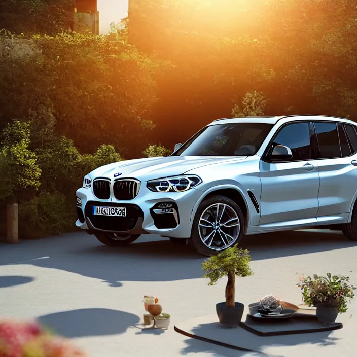 Image similar to a miniature of a BMW X3 on a white table near a vase with a plant at sunset, godrays, calm, relaxing, beautiful landscape, octane render, unreal engine 5, complementary colours, high quality, highly detailed, serene landscape