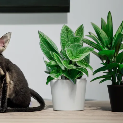 Prompt: a modern indoor room, clean architecture, some plants, peaceful, 8K octane render, a bat kitten sits there
