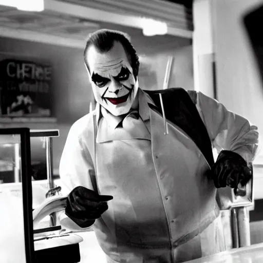 Image similar to jack nicholson as joker working in imperial mcdonalds behind counter, fleshtone facepaint coming off, movie still, dslr