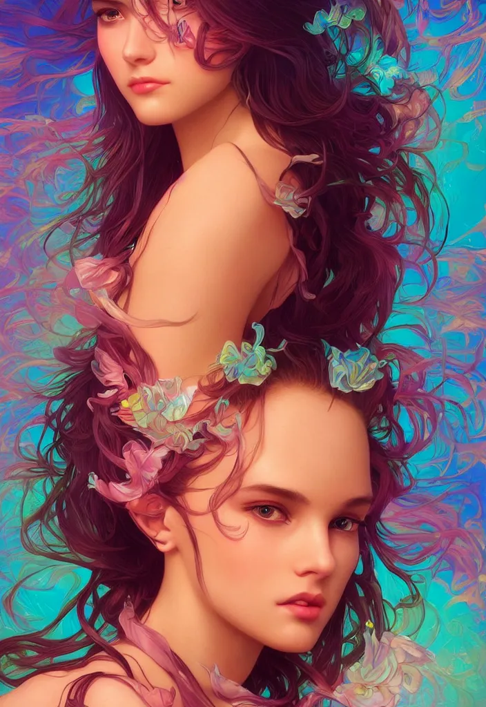 Image similar to beautiful, young woman, magical, detailed gorgeous face, vaporwave aesthetic, synthwave, colorful, psychedelic, artstation, concept art, smooth, extremely sharp detail, finely tuned detail, ultra high definition, 8 k, unreal engine 5, ultra sharp focus, illustration, art by artgerm, greg rutkowski and alphonse mucha
