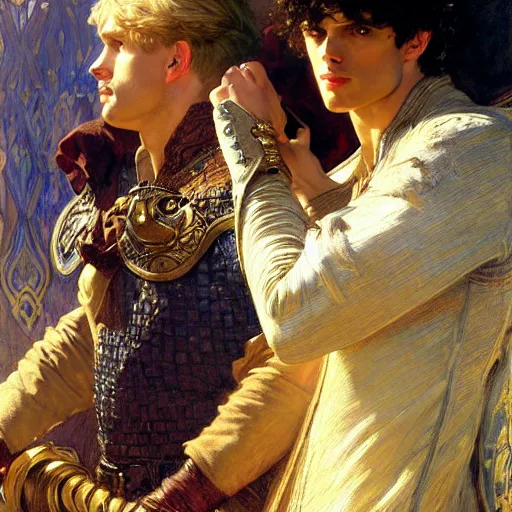 Image similar to arthur pendragon and merlin. focus on their faces. highly detailed painting by gaston bussiere, j. c. leyendecker, alphonse mucha, greg rutkowski, 8 k