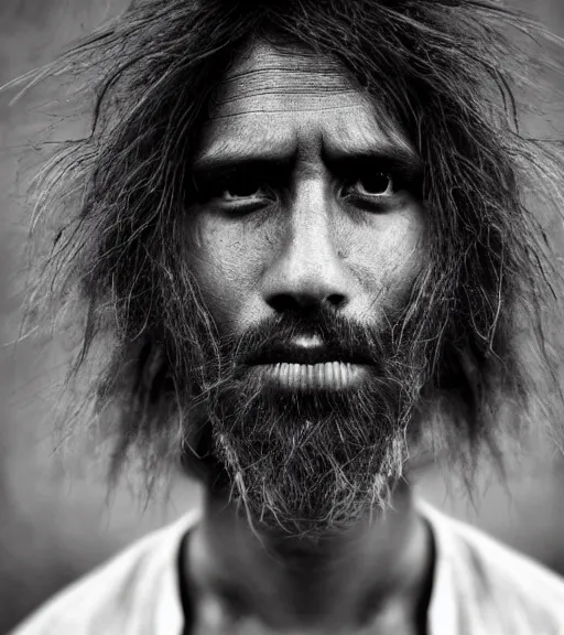 Image similar to Award winning reportage photo of Mauri Natives with incredible hair and beautiful hyper-detailed eyes wearing traditional garb by Lee Jeffries, 85mm ND 5, perfect lighting, gelatin silver process