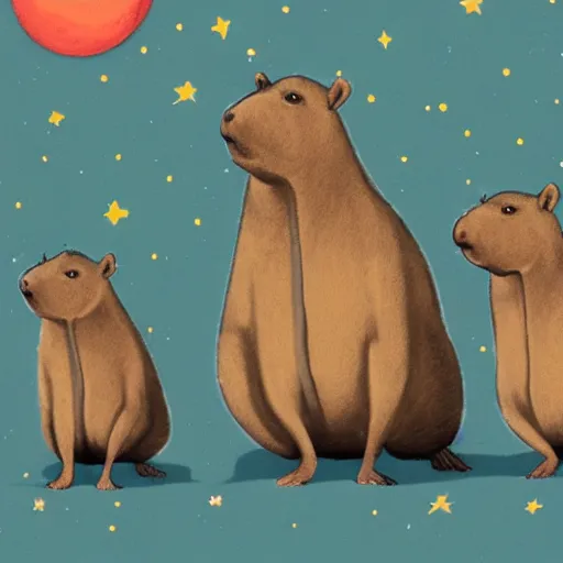 Prompt: a squad of capybara astronauts on a swamp planet