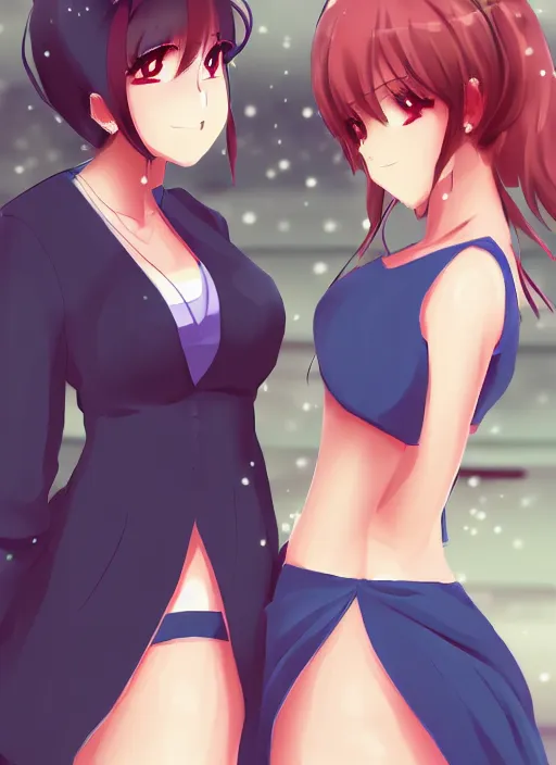 Prompt: two beautiful female teachers taunting each other, in summer clothes, gorgeous faces, smooth, thick lines, cinematic lighting, detailed anime art