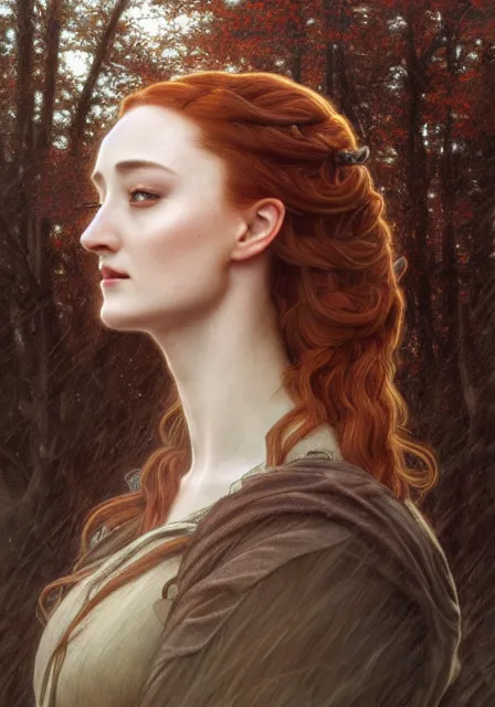 Image similar to portrait of sansa stark in foggy forest, autumn, november, intricate, elegant, highly detailed, digital painting, artstation, concept art, smooth, sharp focus, illustration, art by artgerm and greg rutkowski and alphonse mucha and william - adolphe bouguereau