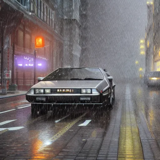 Image similar to hyperdetailed, photorealistic photograph of a dmc 1 2 delorean driving in the streets, rain, night, dense fog, hd, unreal engine 5