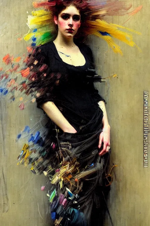 Image similar to impressionist brushstrokes!!!! solomon joseph solomon and richard schmid and jeremy lipking victorian loose genre loose painting full length portrait painting of a young beautiful woman punk rocker