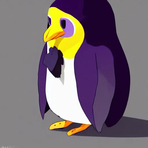 Image similar to purple penguin, character design, simple, dramatic lighting, digital painting, artstation, concept art, sharp focus, illustration, studio ghibli animation