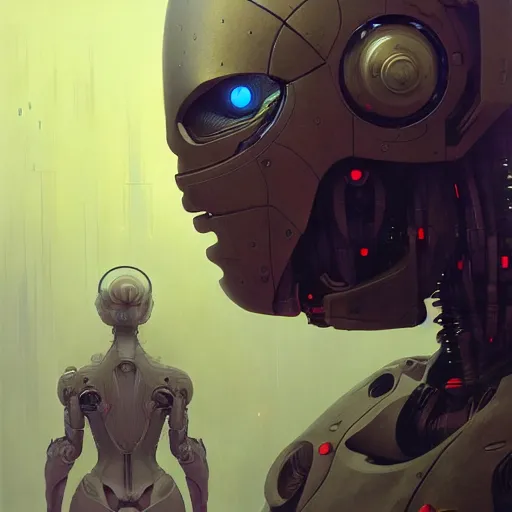 Prompt: expressive digital concept art portrait of a high - tech robot on a depth of field background, artstation, award - winning realistic sci - fi concept art by jim burns and greg rutkowski, beksinski, a realism masterpiece, expressive color palette, james gilleard, bruegel, alphonse mucha, and yoshitaka amano