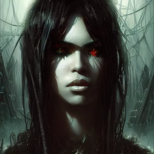 Image similar to aaliyah, darkwave, darksynth, concept headshot art, sharp, digital matte painting, art by luis royo, greg rutkowski, wlop, dramatic lighting, trending on artstation