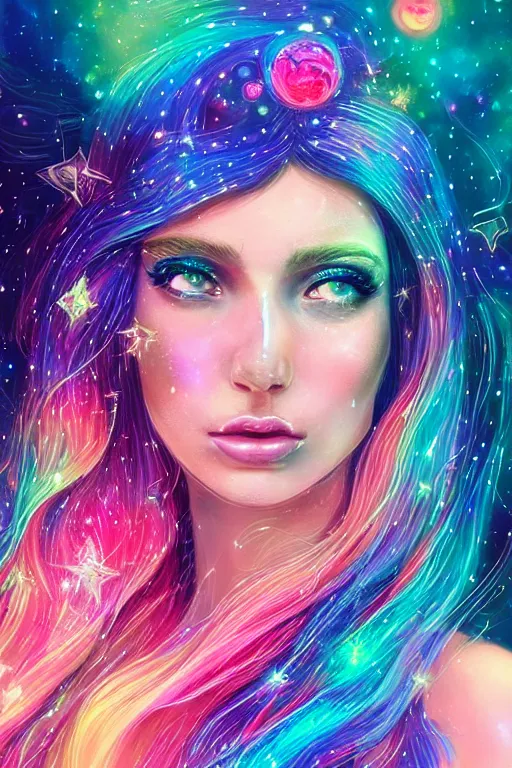 Prompt: one super realistic beautiful young womans face, magical, space stars and planets in her hair, windblown, intricate, synth-wave, retrowave, colorful, highly-detailed, elegant, dramatic lighting, gorgeous face, lifelike, photorealistic face, long luxurious intricate gown, digital painting, artstation, illustration, concept art, smooth, sharp focus, art by John Collier, artgerm, and Albert Aublet and Krenz Cushart and Artem Demura and Alphonse Mucha