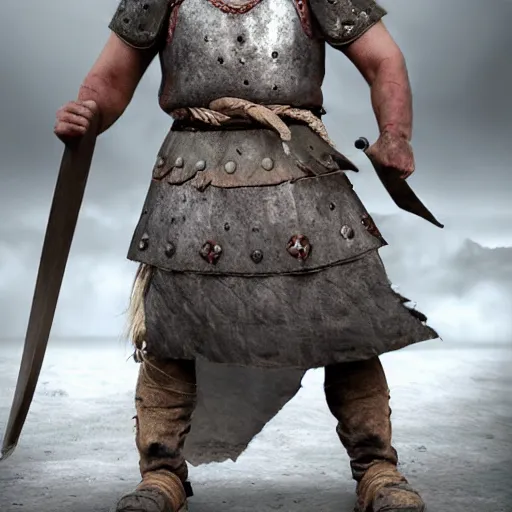 Prompt: viking warrior after battle, bloddy, exhausted, tired, thousand yard stare, realistic, dramatic, epic, cinematic