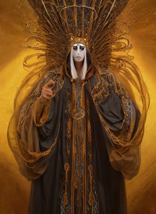 Image similar to slender high priest in a ornate robe, strange headpiece, subsurface scattering, by gerald brom, karol bak, tomasz alen kopera, cgsociety and fenghua zhong, highly detailed, rim light, cinematic lighting, illustration, art, octane render, very coherent, cinematic, hyper realism, high detail, octane render, 8 k