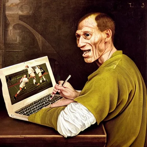 Image similar to a happy man studying soccer tactics, detailed, highly detailed, heroic, epic, complex, very detailed, realistic, HD quality, 8k resolution, body and headshot, Oil Painting, Italian Renaissance Painting of Jerma985, Italian Renaissance Painting Style, Renaissance Painting Style, Painting, Trending on Artstation