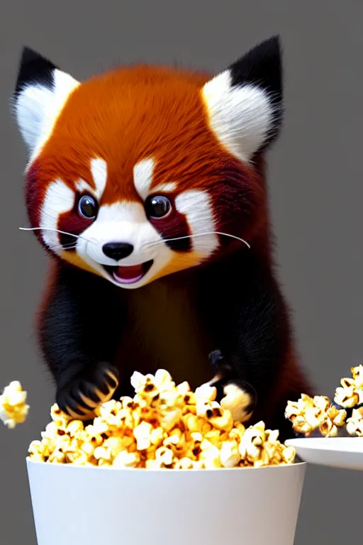 Image similar to high quality 3 d render hyperrealist very cute happy red panda & cat hybrid eating popcorn, vray smooth, detective pikachu, very dramatic light, low angle, uhd 8 k, shallow depth or field