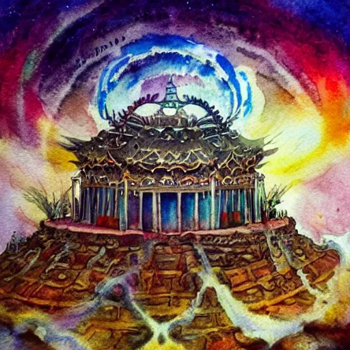 Prompt: grand dream cosmic temple where a man's soul goes to choose his next life, thick atmosphere, souls sprouting from the ground ,watercolor, epic shot