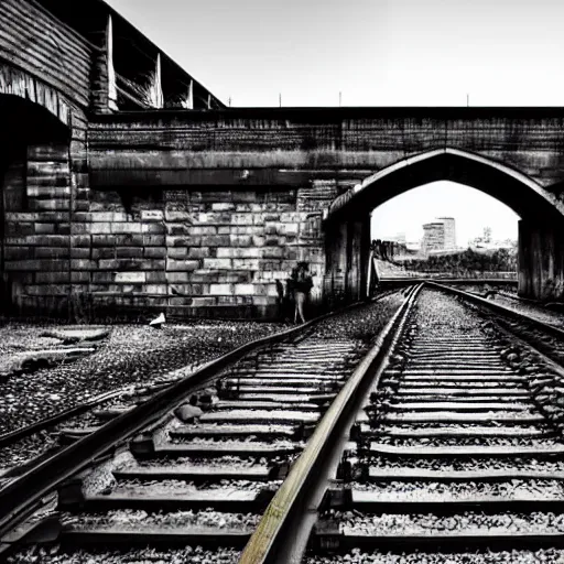 Prompt: poor people life under railway bridge, award winning, realistic, hyper realistic details, by steve mccury, best on adobe stock, 3 5 mm lens