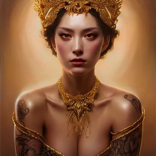 Prompt: expressive oil painting, of alluring european princess, seductive look, smirking, smooth glowing skin, glistening body, love, adoration, sweat, tattoos, ornate headpiece made from beads, glamour shot, by yoshitaka amano, by greg rutkowski, by jeremyg lipkinng, by artgerm, digital art, octane render, hell aesthetic